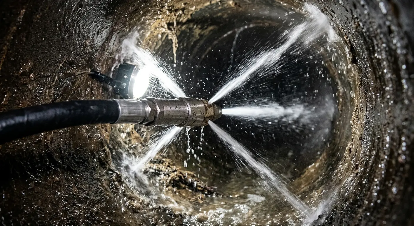 High-pressure hydro jetting nozzle cleaning sewer pipe for Emergency Drain Service in Carpinteria
