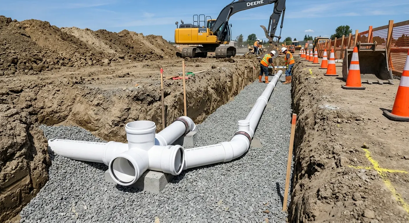 New PVC sewer pipe installation in open trench for Commercial Drain Cleaning in Carpinteria